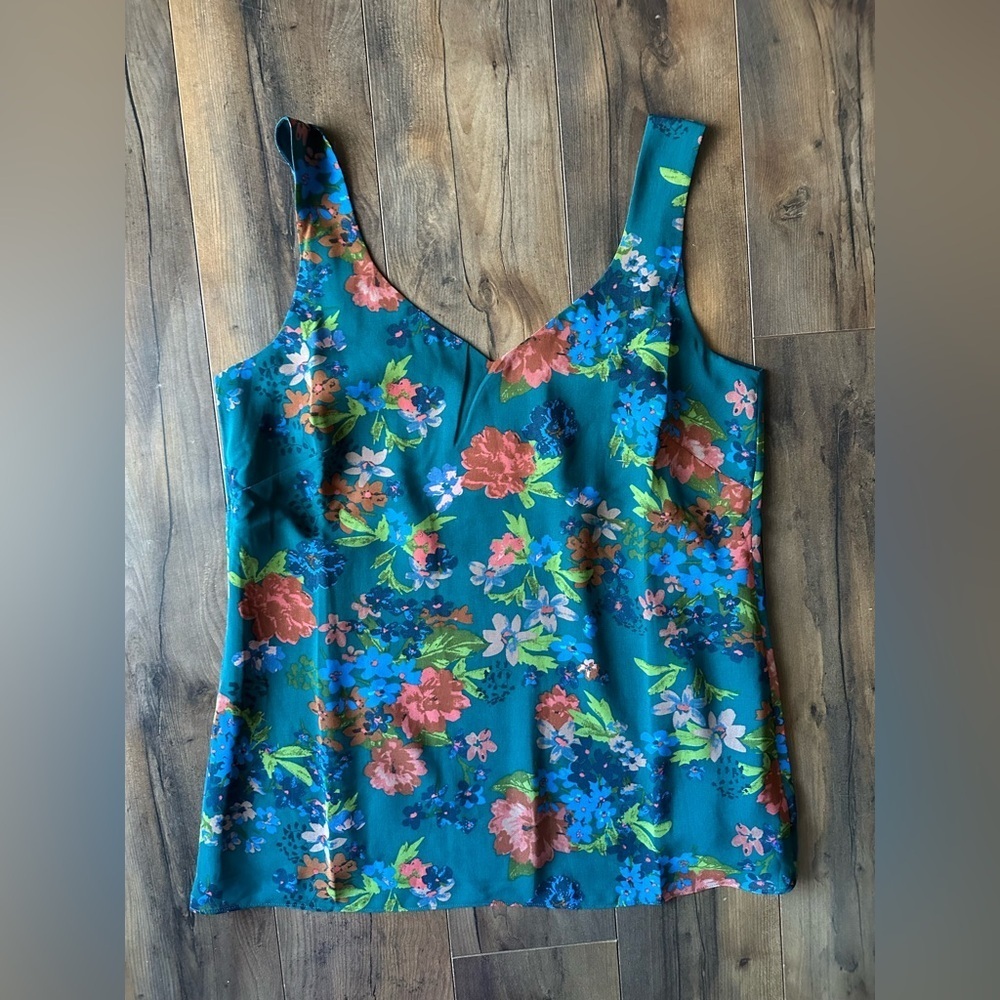 Cabi Teal Floral V-Neck Cami Tank Blouse S Adjustable Straps